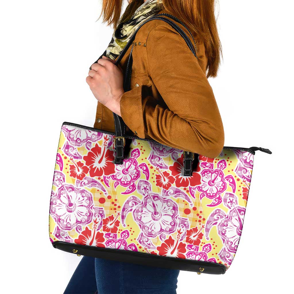 Palaka with Honu and Hibiscus Leather Tote Bag Hawaiian Heritage Spirit - Polynesian Pride