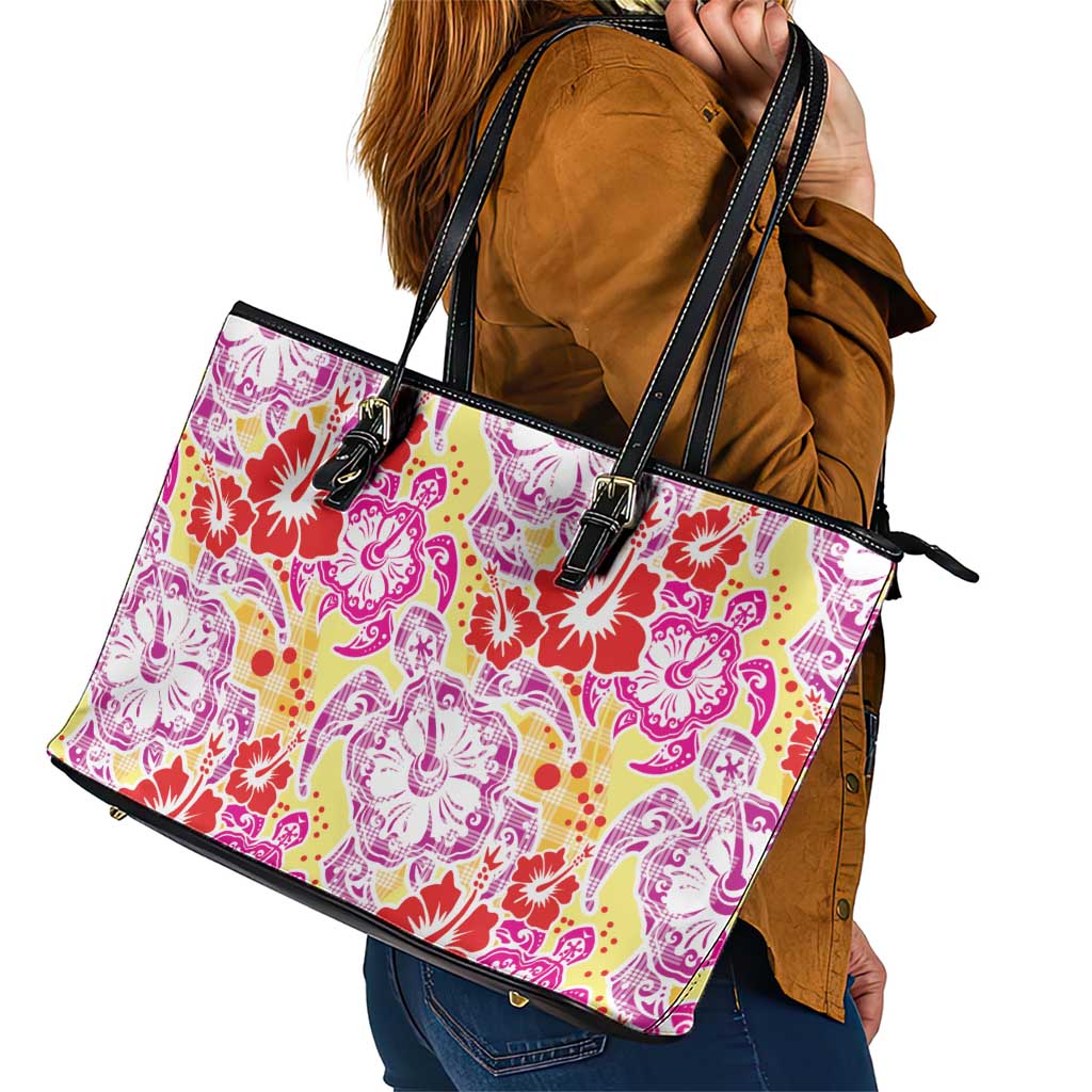 Palaka with Honu and Hibiscus Leather Tote Bag Hawaiian Heritage Spirit - Polynesian Pride