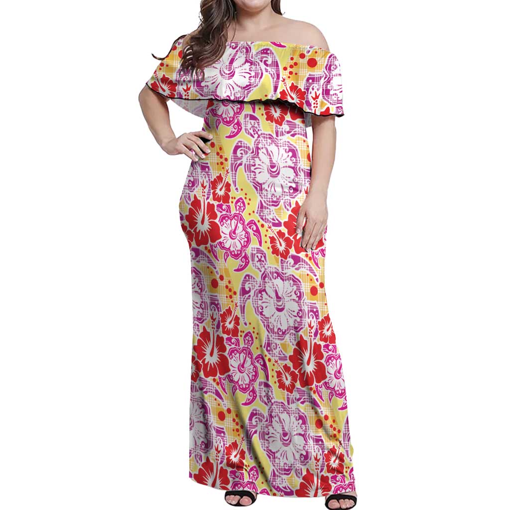 Palaka with Honu and Hibiscus Off Shoulder Maxi Dress Hawaiian Heritage Spirit - Polynesian Pride