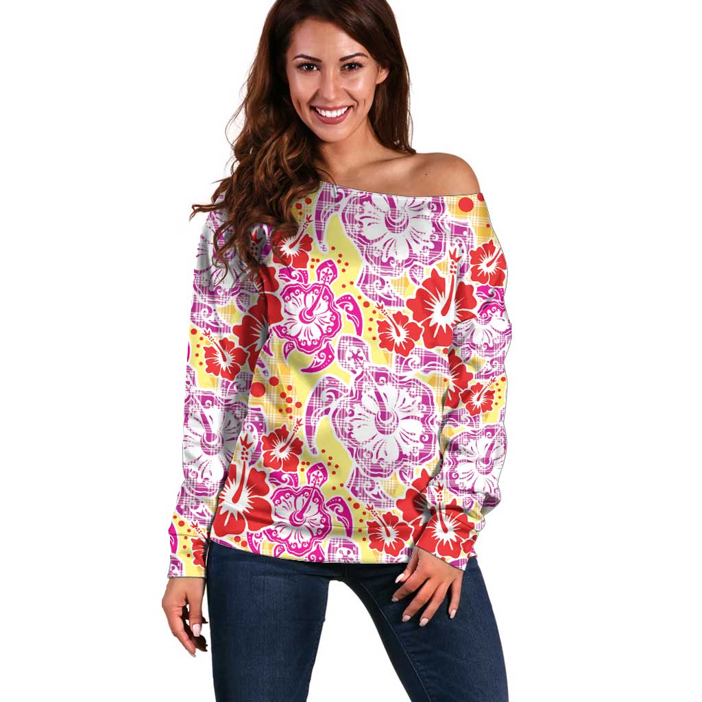 Palaka with Honu and Hibiscus Off Shoulder Sweater Hawaiian Heritage Spirit - Polynesian Pride