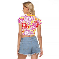 Palaka with Honu and Hibiscus Raglan Cropped T Shirt Hawaiian Heritage Spirit LT9 - Polynesian Pride