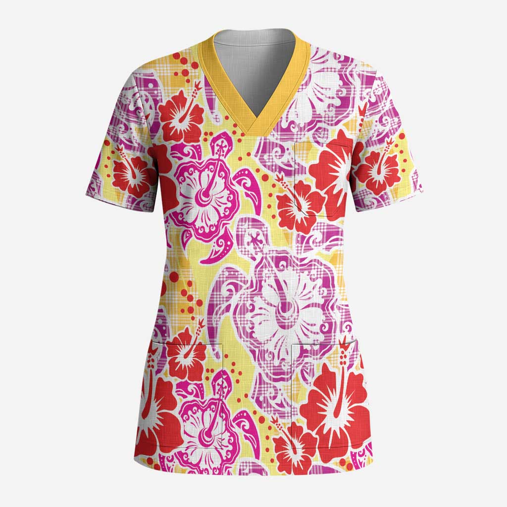 Palaka with Honu and Hibiscus Scrub Top Hawaiian Heritage Spirit LT9 Adult Red - Polynesian Pride