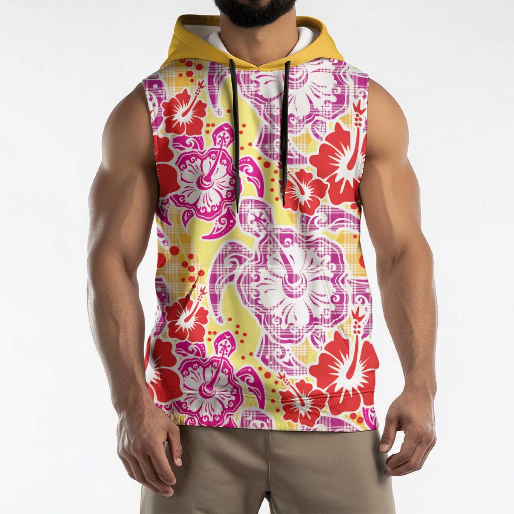 Palaka with Honu and Hibiscus Sleeveless Hoodie Hawaiian Heritage Spirit - Polynesian Pride
