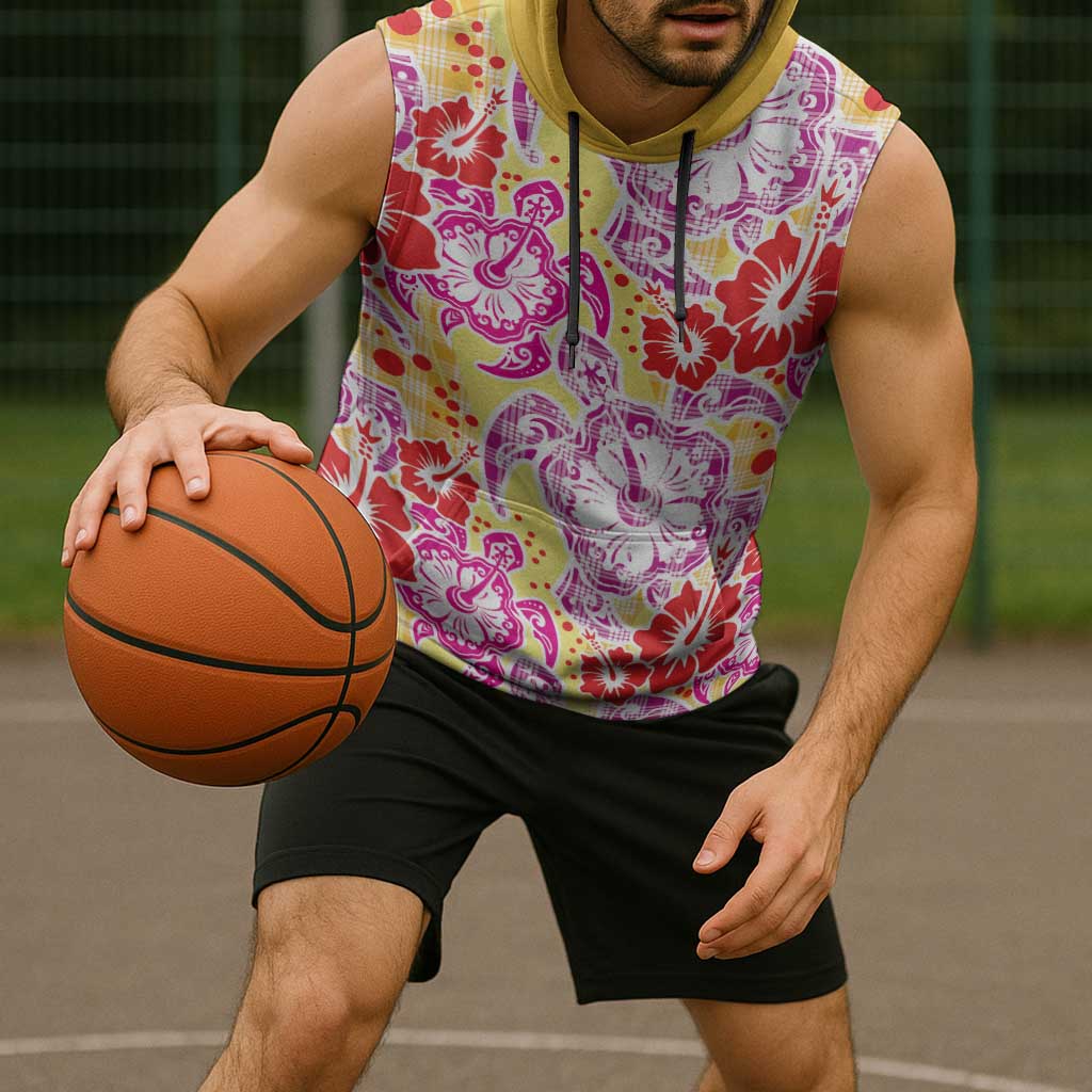 Palaka with Honu and Hibiscus Sleeveless Hoodie Hawaiian Heritage Spirit - Polynesian Pride
