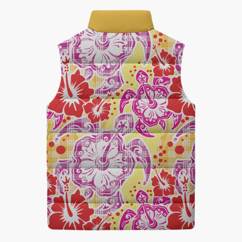 Palaka with Honu and Hibiscus Sleeveless Puffer Jacket Hawaiian Heritage Spirit - Polynesian Pride