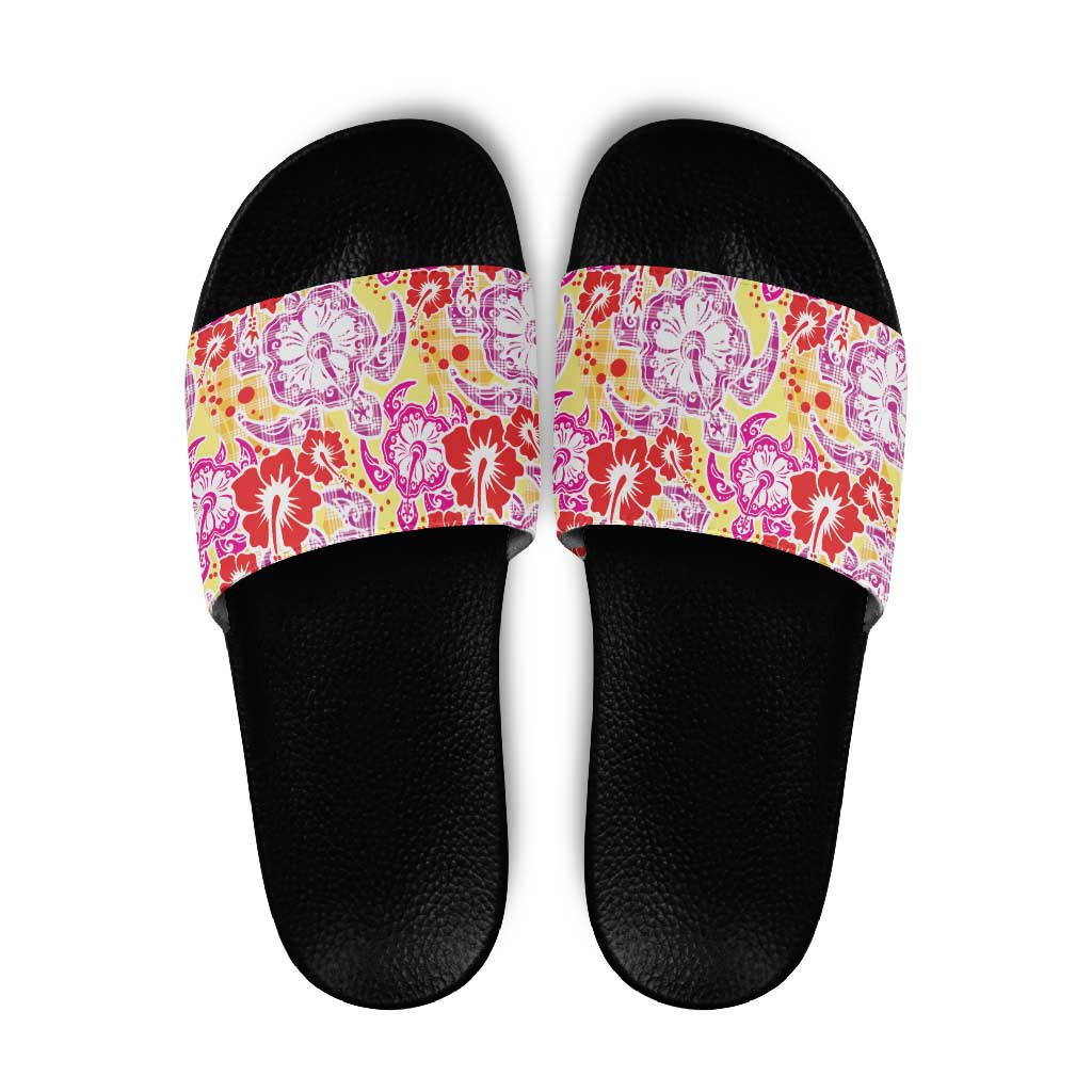 Palaka with Honu and Hibiscus Slide Sandals Hawaiian Heritage Spirit LT9 Red - Polynesian Pride
