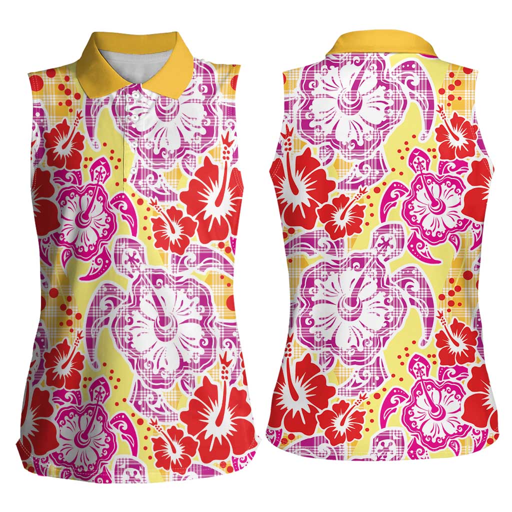 Palaka with Honu and Hibiscus Women Sleeveless Polo Shirt Hawaiian Heritage Spirit - Polynesian Pride