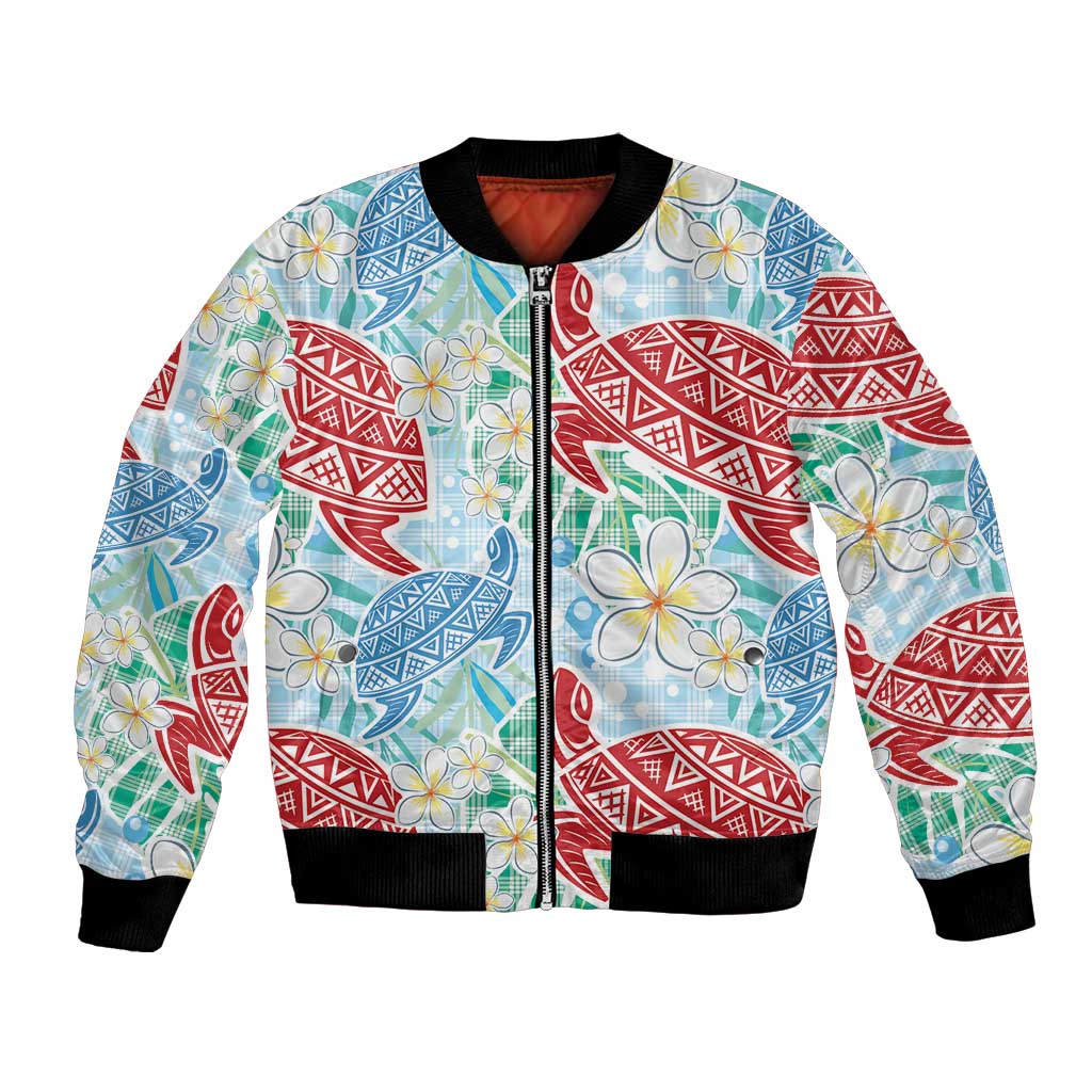Palaka with Honu and Plumeria Bomber Jacket Hawaiian Heritage Spirit LT9 Unisex Blue - Polynesian Pride