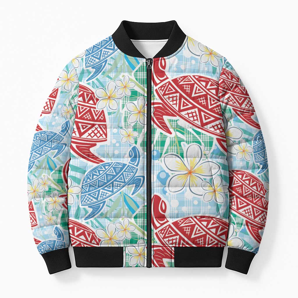 Palaka with Honu and Plumeria Bomber Puffer Jacket Hawaiian Heritage Spirit - Polynesian Pride