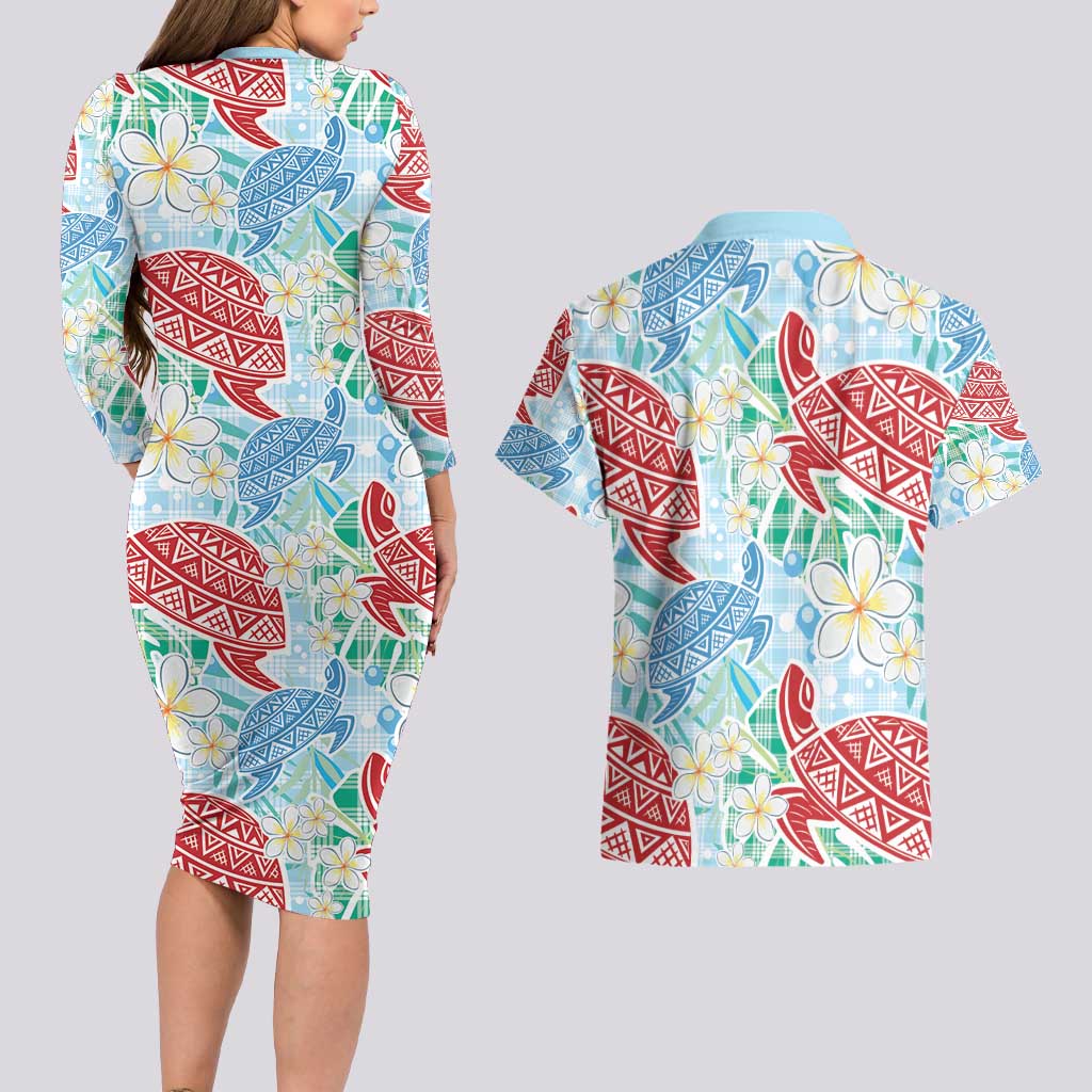 Palaka with Honu and Plumeria Couples Matching Long Sleeve Bodycon Dress and Hawaiian Shirt Hawaiian Heritage Spirit - Polynesian Pride