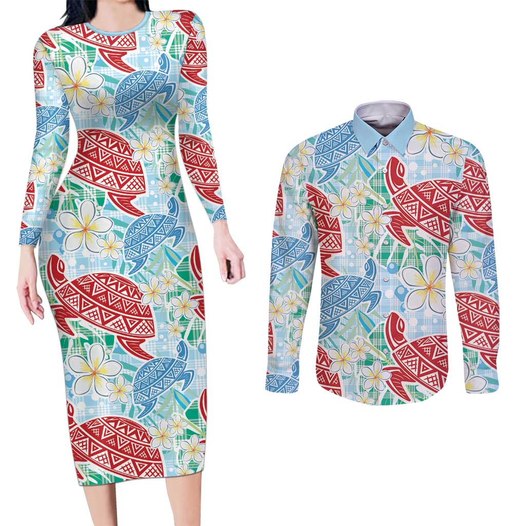 Palaka with Honu and Plumeria Couples Matching Long Sleeve Bodycon Dress and Long Sleeve Button Shirt Hawaiian Heritage Spirit - Polynesian Pride