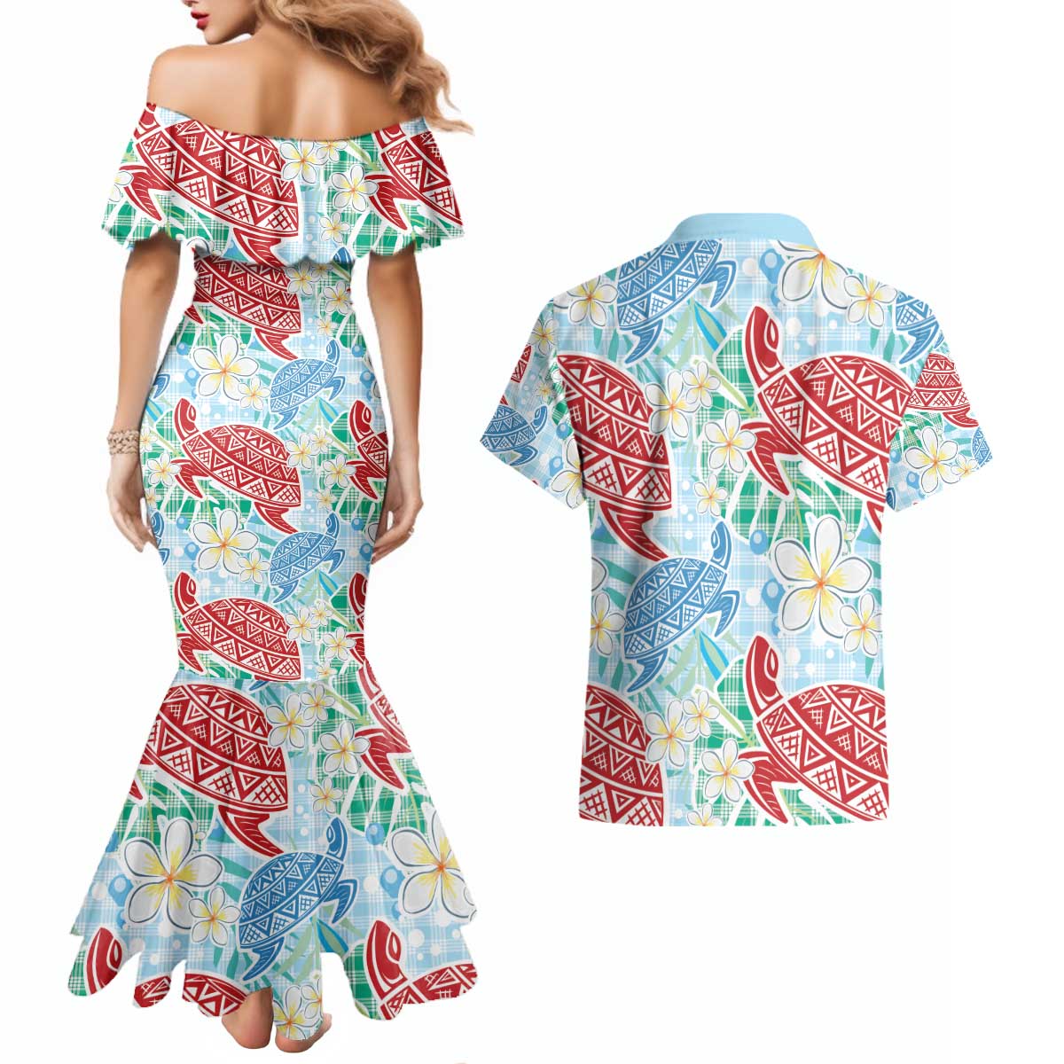 Palaka with Honu and Plumeria Couples Matching Mermaid Dress and Hawaiian Shirt Hawaiian Heritage Spirit - Polynesian Pride