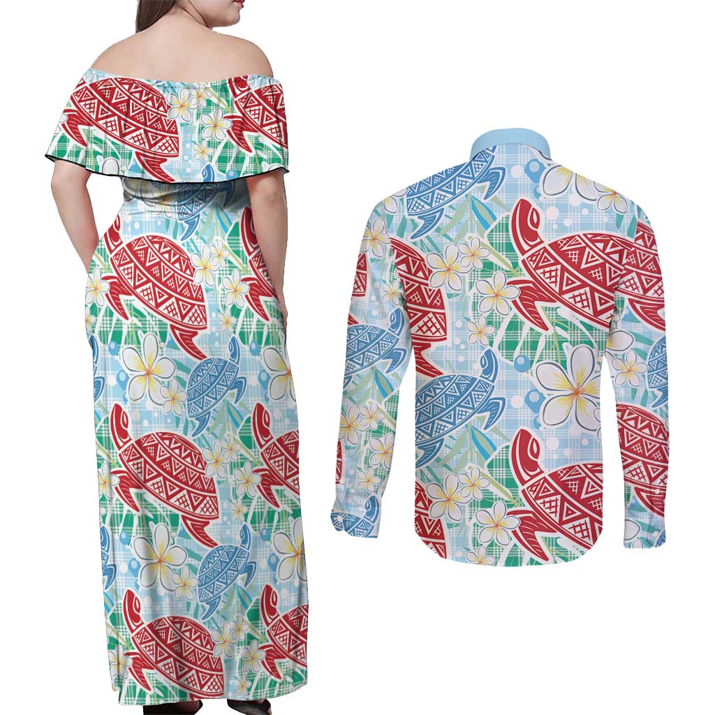 Palaka with Honu and Plumeria Couples Matching Off Shoulder Maxi Dress and Long Sleeve Button Shirt Hawaiian Heritage Spirit - Polynesian Pride