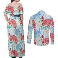 Palaka with Honu and Plumeria Couples Matching Off Shoulder Maxi Dress and Long Sleeve Button Shirt Hawaiian Heritage Spirit - Polynesian Pride