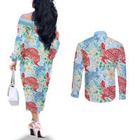 Palaka with Honu and Plumeria Couples Matching Off The Shoulder Long Sleeve Dress and Long Sleeve Button Shirt Hawaiian Heritage Spirit - Polynesian Pride