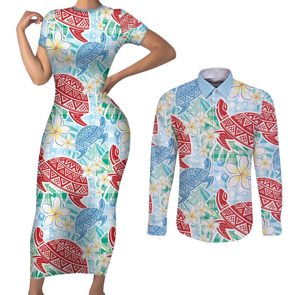 Palaka with Honu and Plumeria Couples Matching Short Sleeve Bodycon Dress and Long Sleeve Button Shirt Hawaiian Heritage Spirit - Polynesian Pride