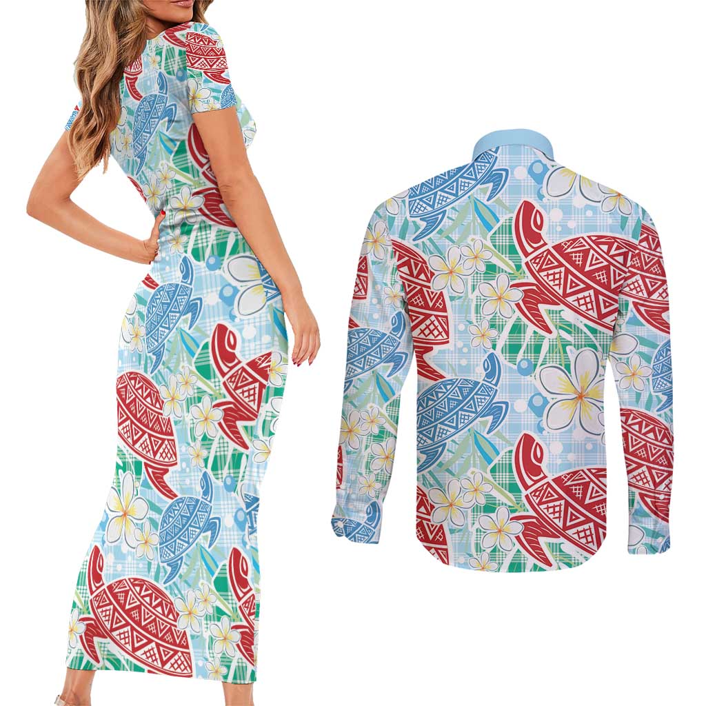 Palaka with Honu and Plumeria Couples Matching Short Sleeve Bodycon Dress and Long Sleeve Button Shirt Hawaiian Heritage Spirit - Polynesian Pride