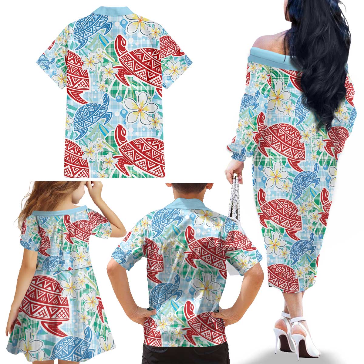 Palaka with Honu and Plumeria Family Matching Off The Shoulder Long Sleeve Dress and Hawaiian Shirt Hawaiian Heritage Spirit - Polynesian Pride