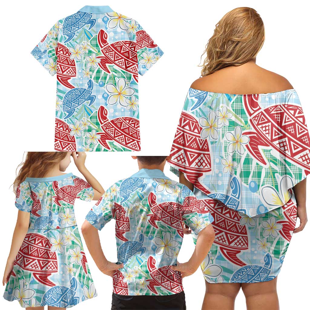 Palaka with Honu and Plumeria Family Matching Off Shoulder Short Dress and Hawaiian Shirt Hawaiian Heritage Spirit - Polynesian Pride