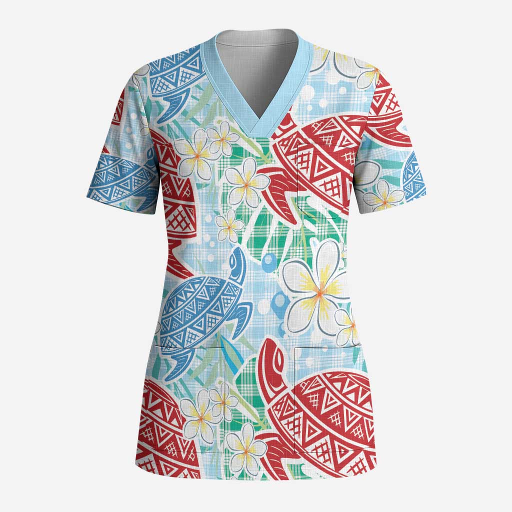 Palaka with Honu and Plumeria Scrub Top Hawaiian Heritage Spirit LT9 Adult Blue - Polynesian Pride