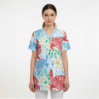 Palaka with Honu and Plumeria Scrub Top Hawaiian Heritage Spirit - Polynesian Pride
