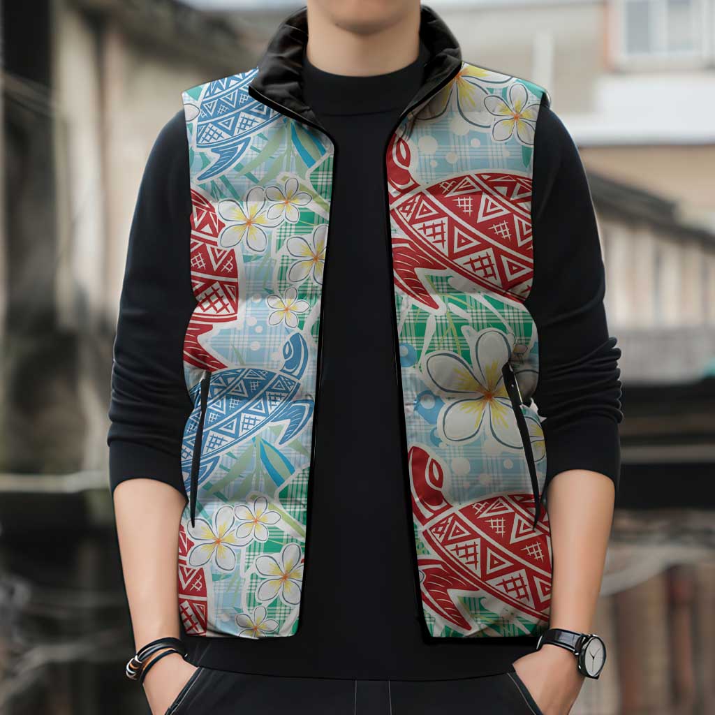 Palaka with Honu and Plumeria Sleeveless Puffer Jacket Hawaiian Heritage Spirit - Polynesian Pride