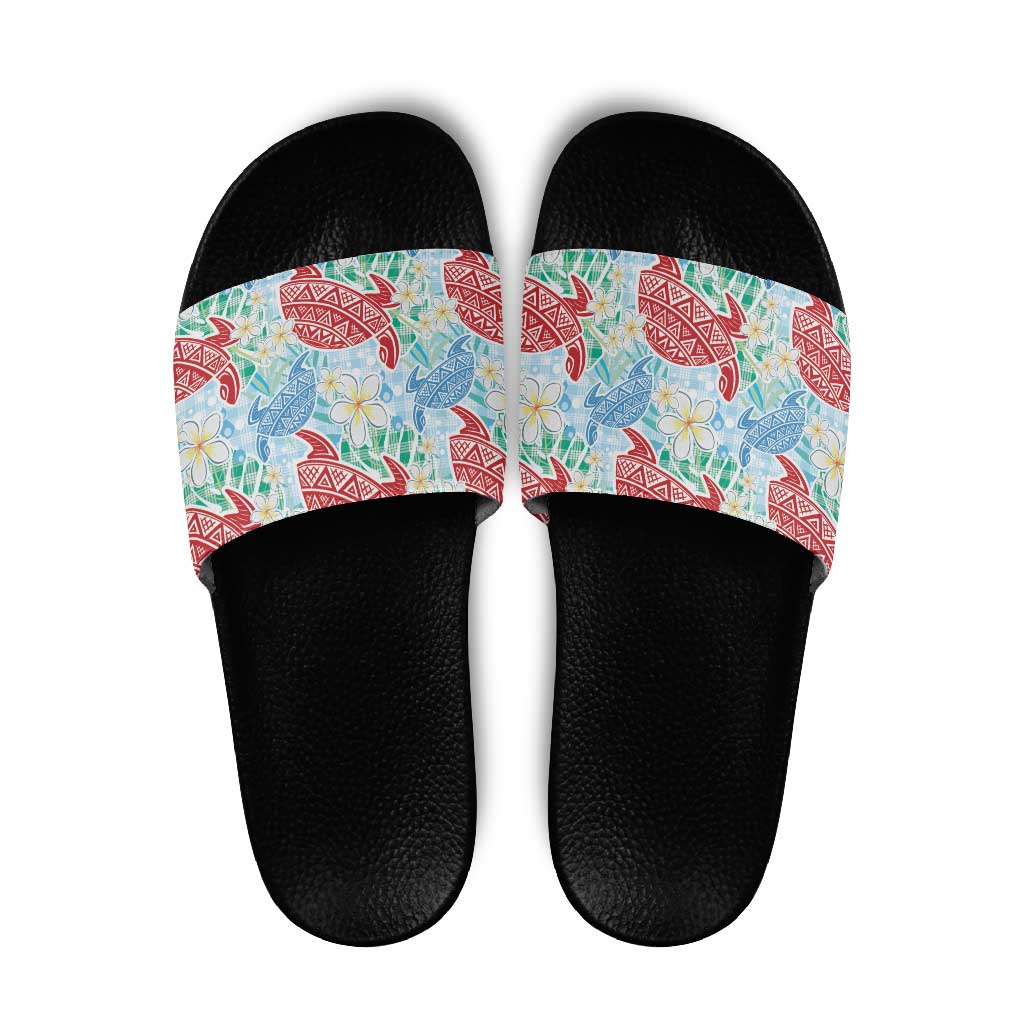 Palaka with Honu and Plumeria Slide Sandals Hawaiian Heritage Spirit LT9 Blue - Polynesian Pride