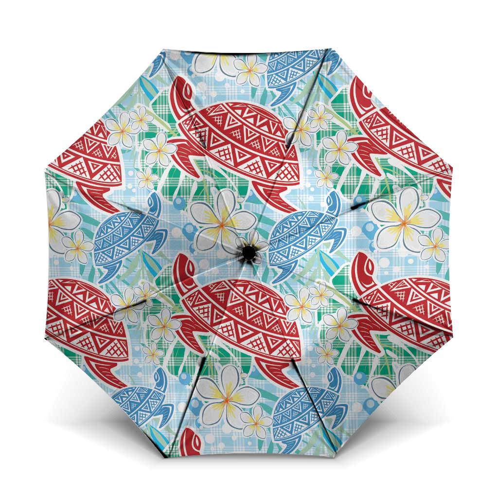 Palaka with Honu and Plumeria Umbrella Hawaiian Heritage Spirit LT9 One Size Folded 11.42 inch Opened Diameter 37.4 inch Blue - Polynesian Pride
