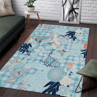 Blue Palaka Crane and Flowers Area Rug Japan Heritage Spirit - Polynesian Pride