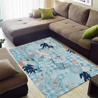 Blue Palaka Crane and Flowers Area Rug Japan Heritage Spirit - Polynesian Pride