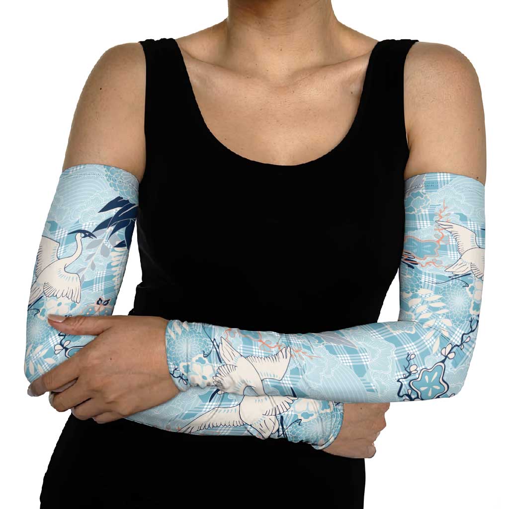 Blue Palaka Crane and Flowers Arm Sleeves Japan Heritage Spirit LT9 - Polynesian Pride