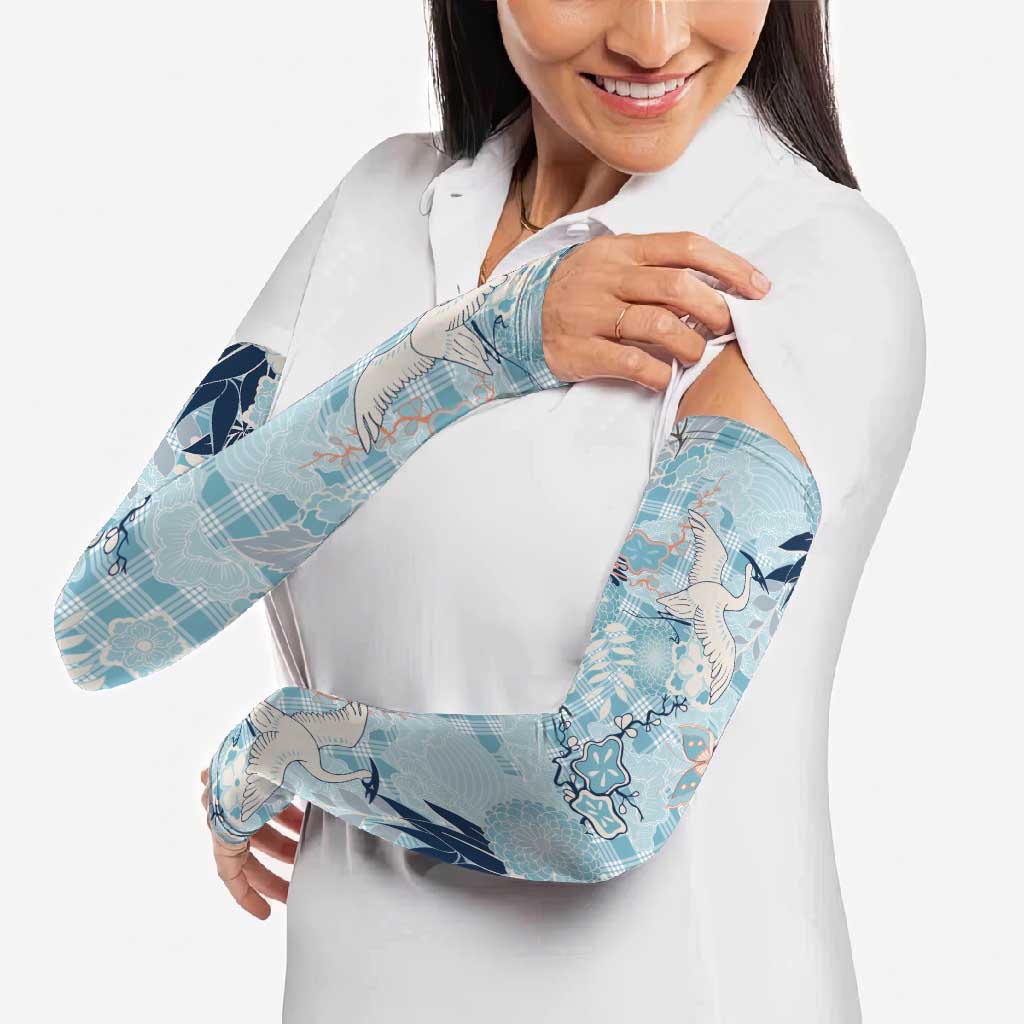 Blue Palaka Crane and Flowers Arm Sleeves Japan Heritage Spirit LT9 - Polynesian Pride