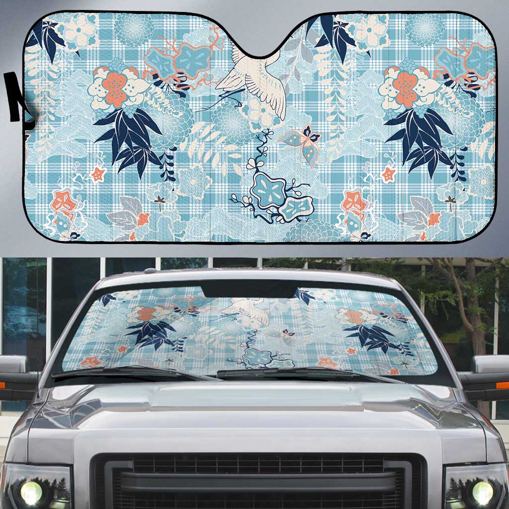 Blue Palaka Crane and Flowers Auto Sun Shade Japan Heritage Spirit - Polynesian Pride