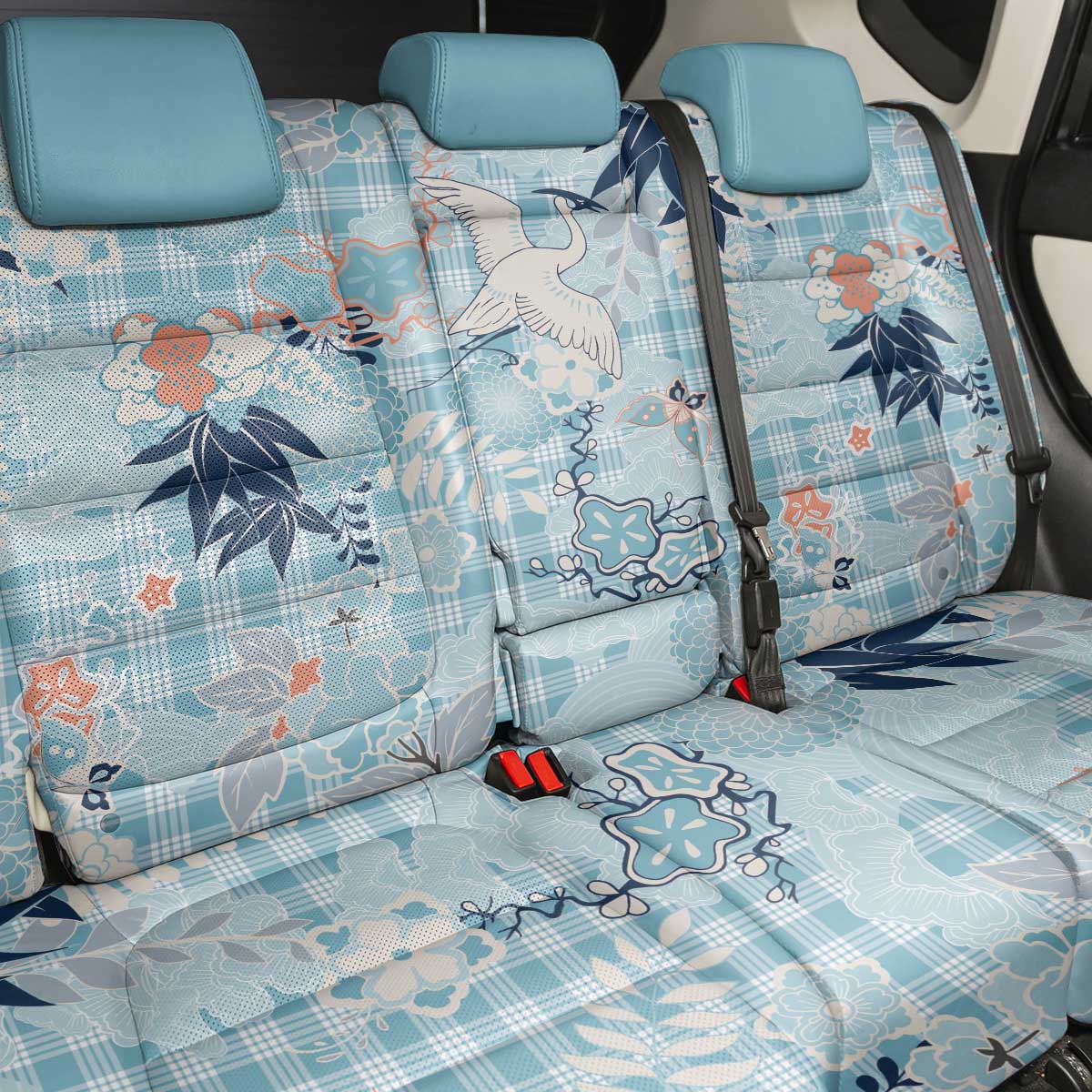 Blue Palaka Crane and Flowers Back Car Seat Cover Japan Heritage Spirit - Polynesian Pride