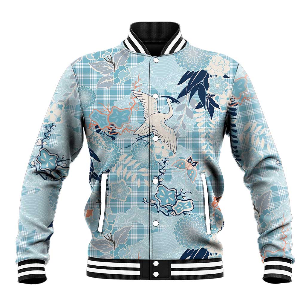 Blue Palaka Crane and Flowers Baseball Jacket Japan Heritage Spirit - Polynesian Pride