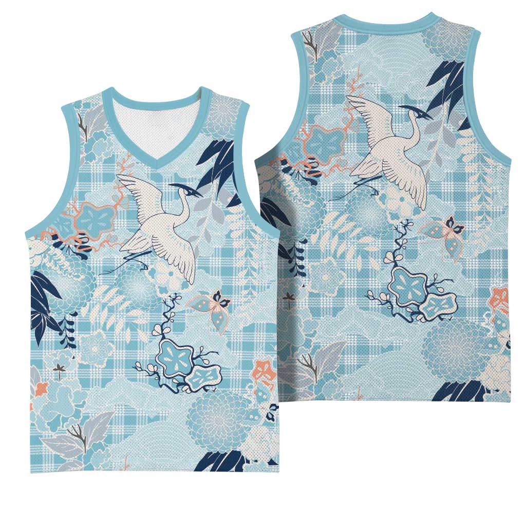 Blue Palaka Crane and Flowers Basketball Jersey Japan Heritage Spirit - Polynesian Pride