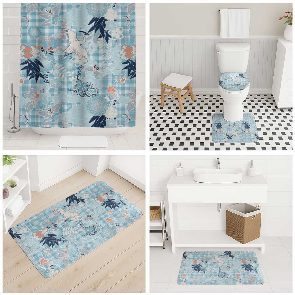 Blue Palaka Crane and Flowers Bathroom Set Japan Heritage Spirit - Polynesian Pride