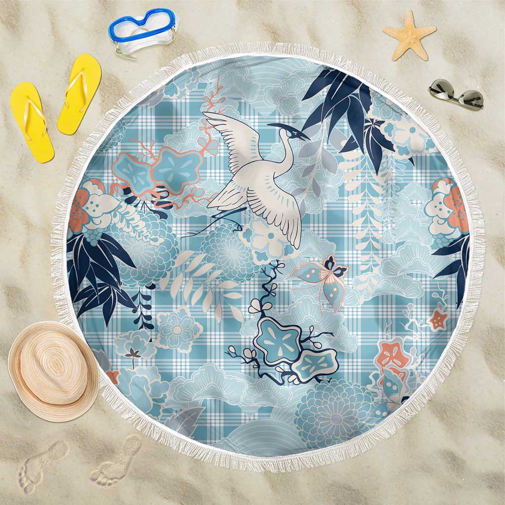 Blue Palaka Crane and Flowers Beach Blanket Japan Heritage Spirit LT9 One Size 150cm Blue - Polynesian Pride