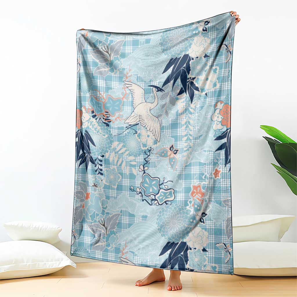 Blue Palaka Crane and Flowers Blanket Japan Heritage Spirit - Polynesian Pride
