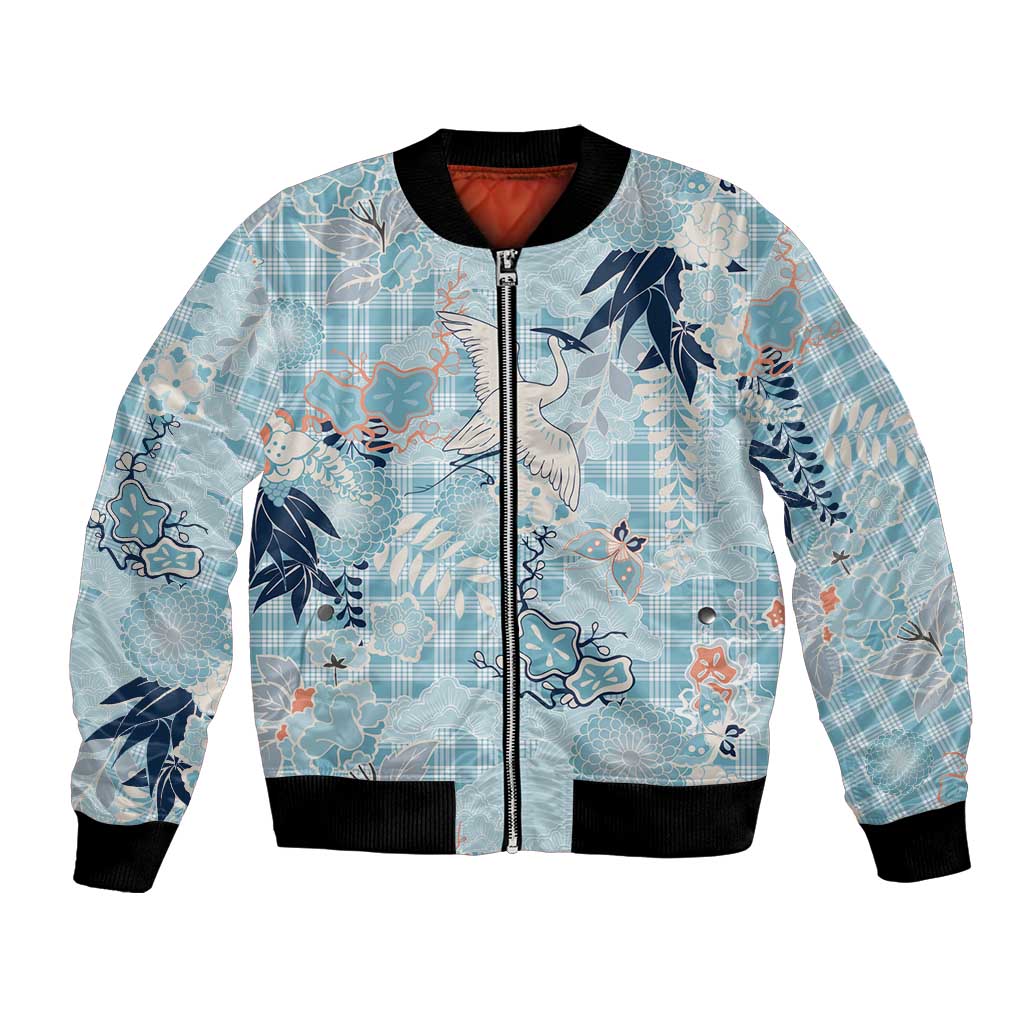 Blue Palaka Crane and Flowers Bomber Jacket Japan Heritage Spirit LT9 Unisex Blue - Polynesian Pride