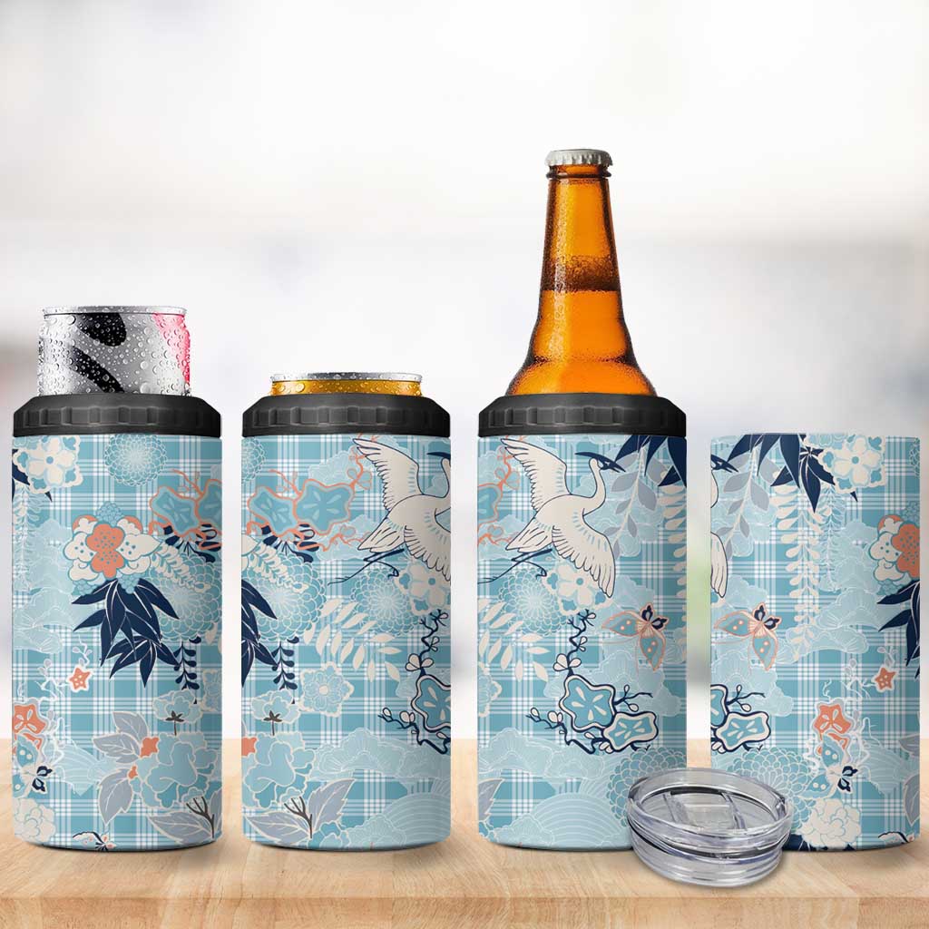 Blue Palaka Crane and Flowers 4 in 1 Can Cooler Tumbler Japan Heritage Spirit - Polynesian Pride