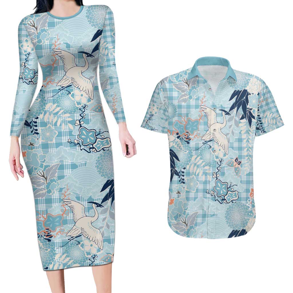 Blue Palaka Crane and Flowers Couples Matching Long Sleeve Bodycon Dress and Hawaiian Shirt Japan Heritage Spirit - Polynesian Pride