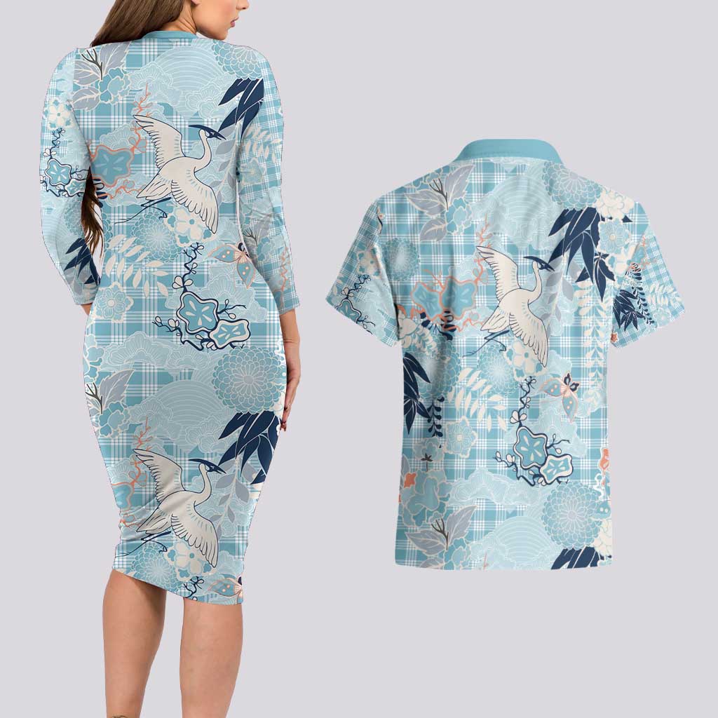 Blue Palaka Crane and Flowers Couples Matching Long Sleeve Bodycon Dress and Hawaiian Shirt Japan Heritage Spirit - Polynesian Pride