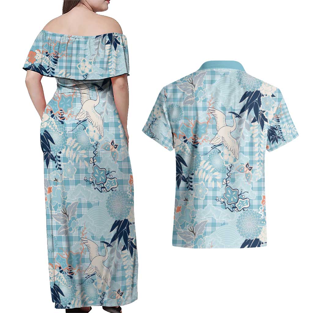 Blue Palaka Crane and Flowers Couples Matching Off Shoulder Maxi Dress and Hawaiian Shirt Japan Heritage Spirit - Polynesian Pride