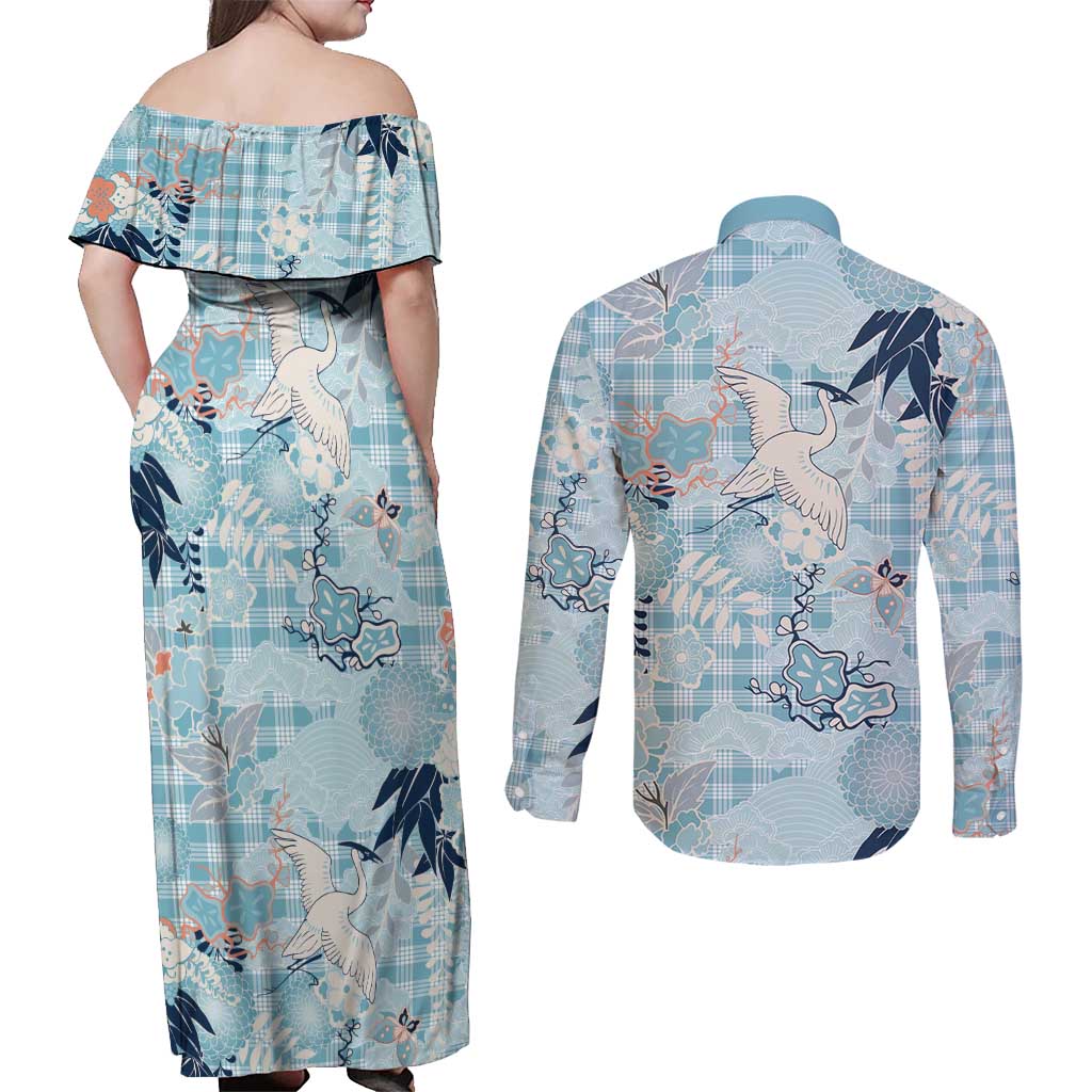 Blue Palaka Crane and Flowers Couples Matching Off Shoulder Maxi Dress and Long Sleeve Button Shirt Japan Heritage Spirit - Polynesian Pride