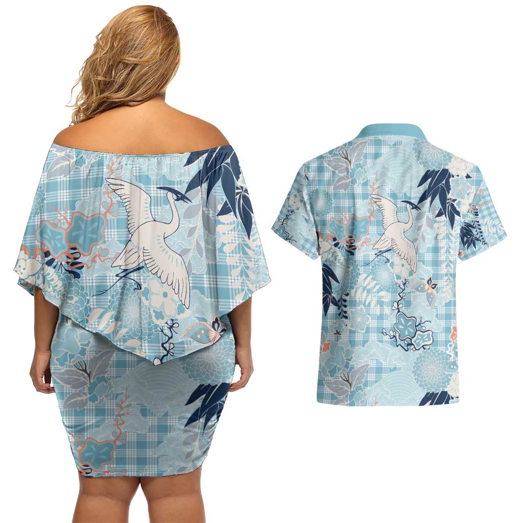 Blue Palaka Crane and Flowers Couples Matching Off Shoulder Short Dress and Hawaiian Shirt Japan Heritage Spirit - Polynesian Pride