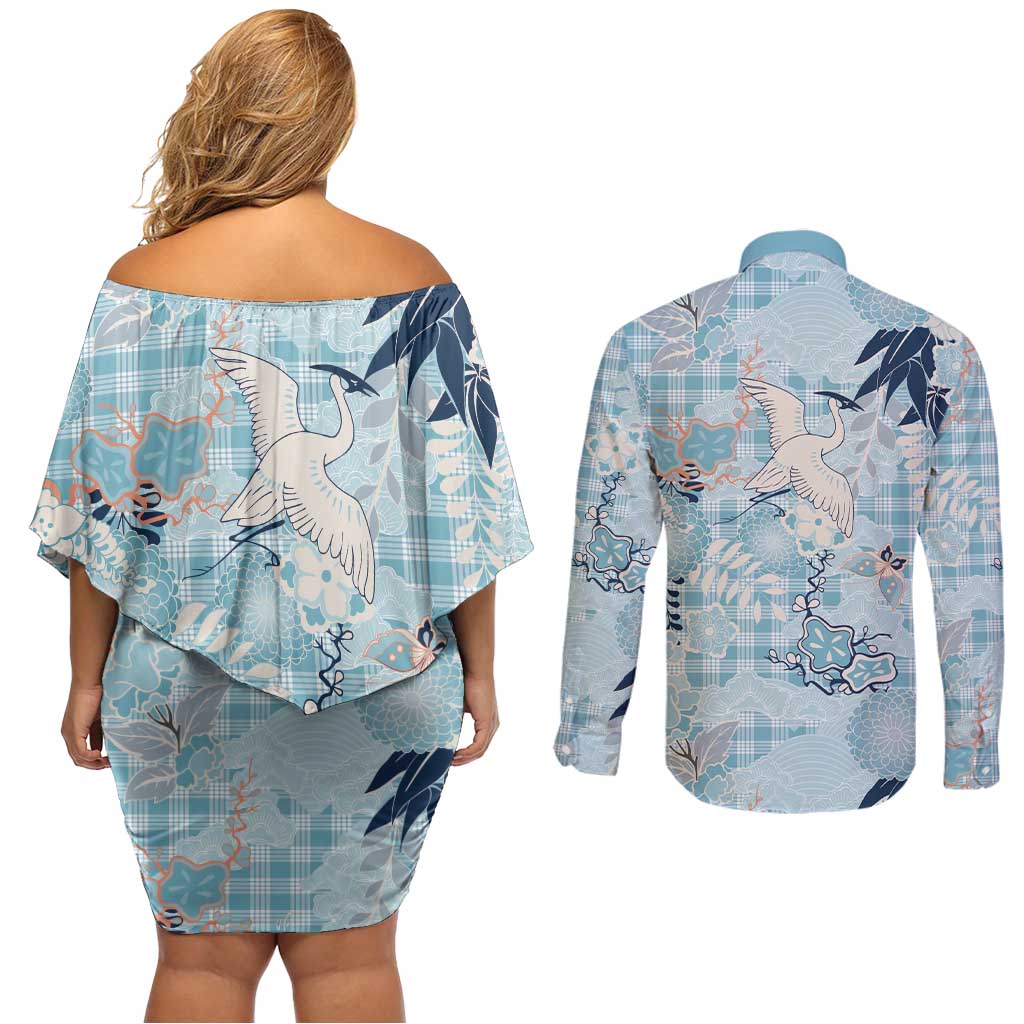 Blue Palaka Crane and Flowers Couples Matching Off Shoulder Short Dress and Long Sleeve Button Shirt Japan Heritage Spirit - Polynesian Pride