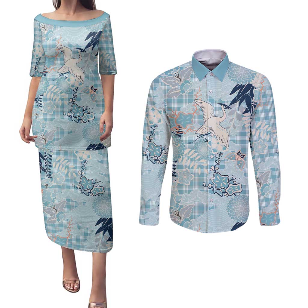 Blue Palaka Crane and Flowers Couples Matching Puletasi and Long Sleeve Button Shirt Japan Heritage Spirit - Polynesian Pride