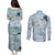 Blue Palaka Crane and Flowers Couples Matching Puletasi and Long Sleeve Button Shirt Japan Heritage Spirit - Polynesian Pride