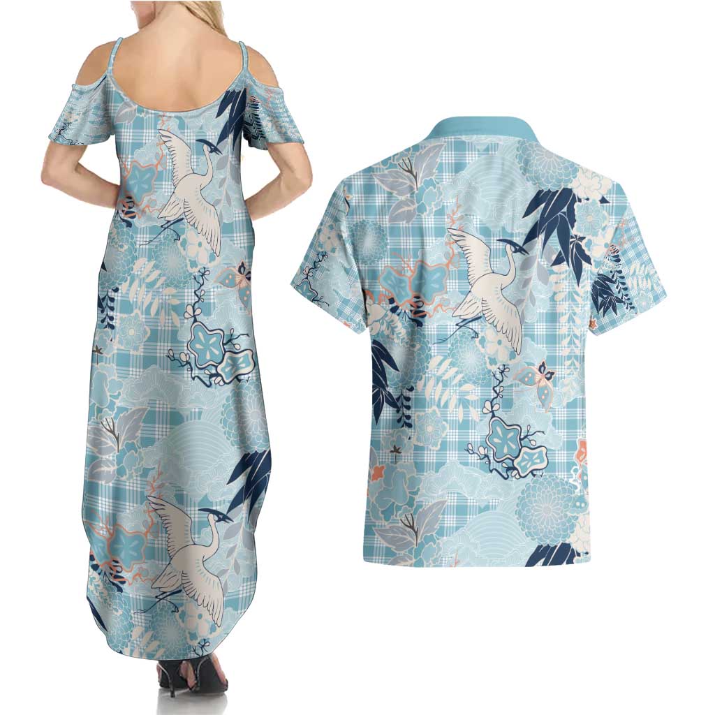 Blue Palaka Crane and Flowers Couples Matching Summer Maxi Dress and Hawaiian Shirt Japan Heritage Spirit - Polynesian Pride